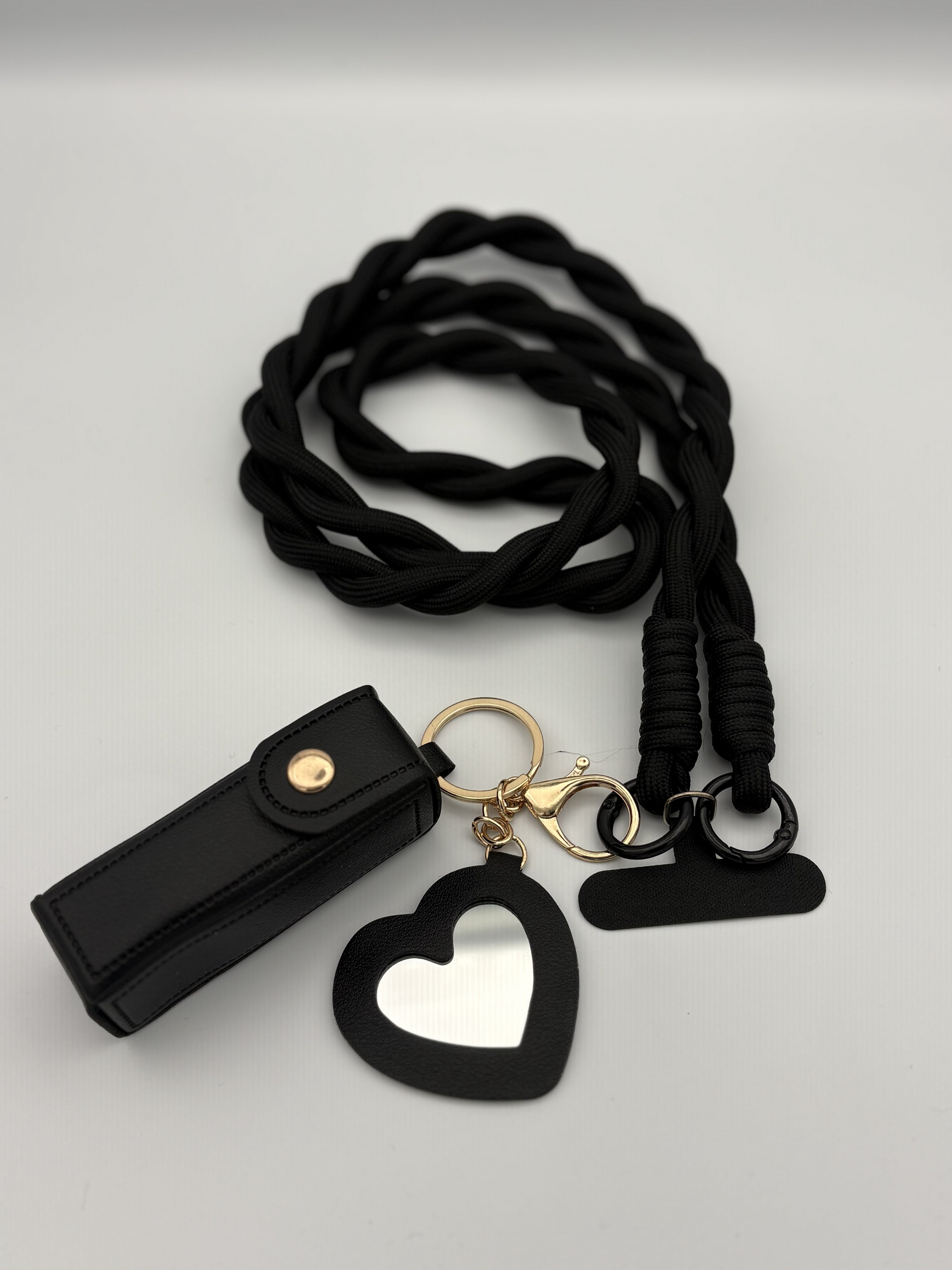 Woven lanyard with lipstick holder- Black