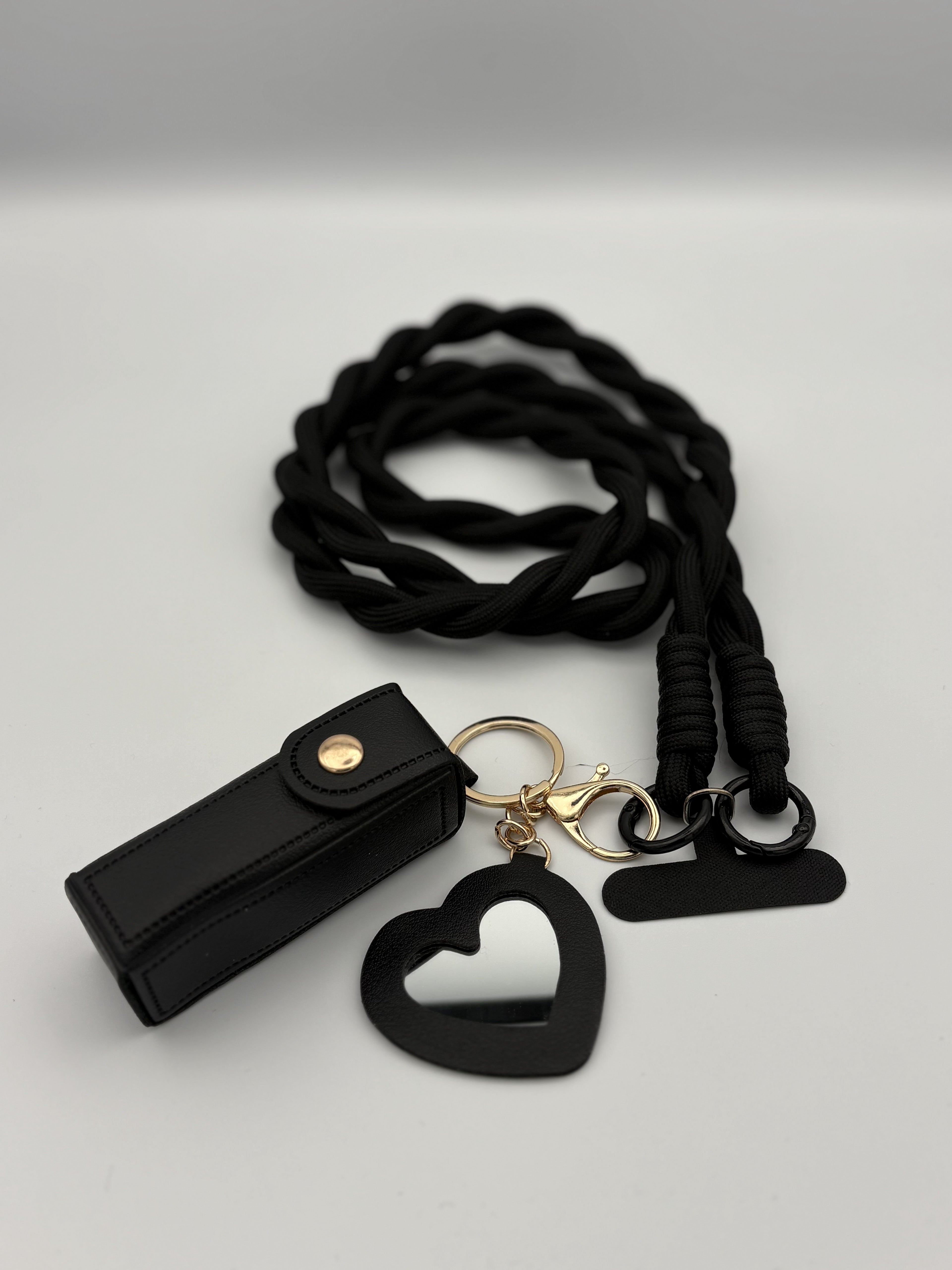 Woven lanyard with lipstick holder- Black