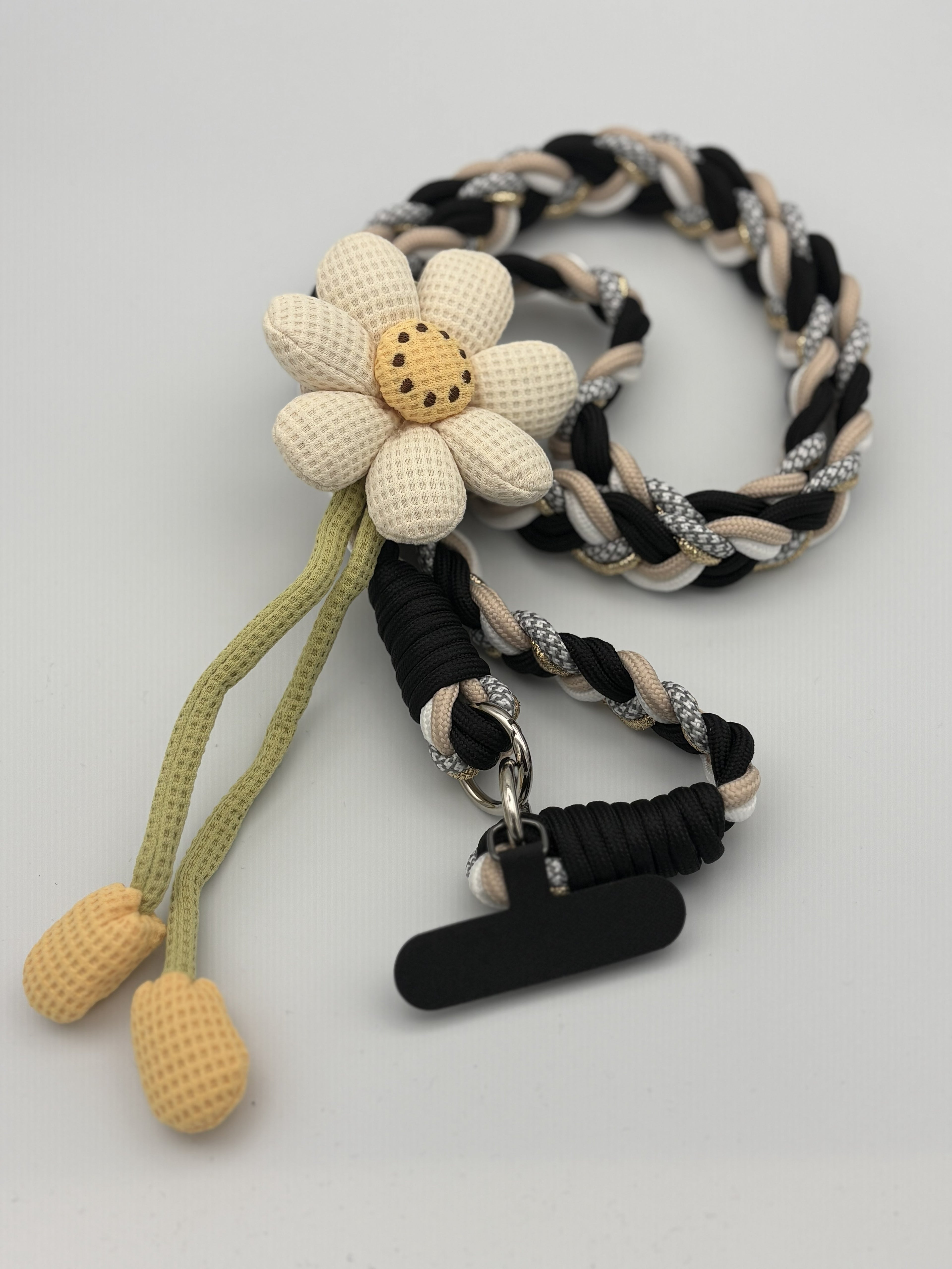 Long Handmade Floral Woven lanyard- Black